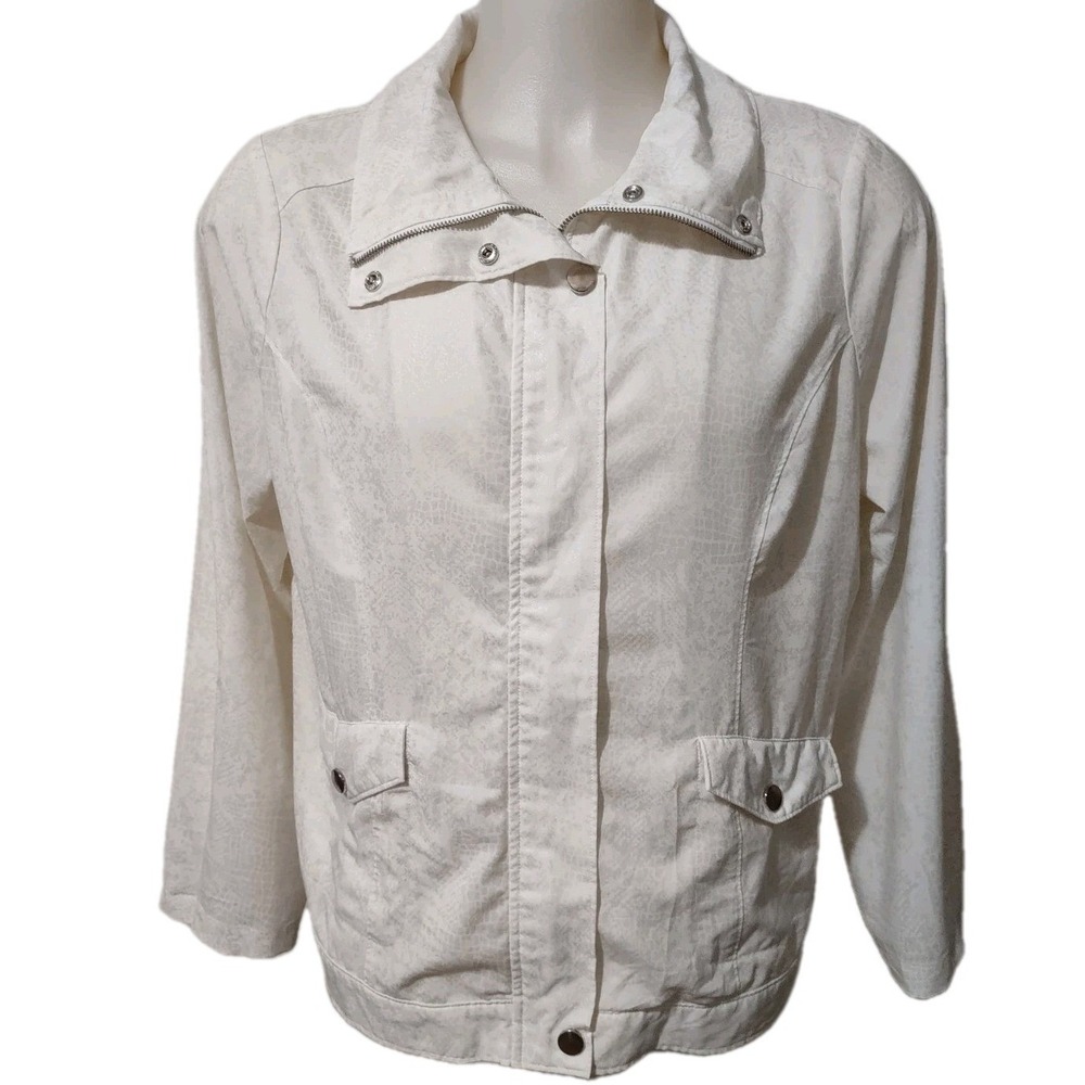Laura Ashley Jacket Women's Size XL White Snake Print Zip Roll Tab Light Pockets